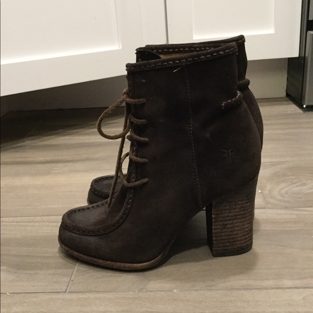 FRYE BROWN LEATHER SUEDE LEATHER CHUNKY HEEL BOOTS sz 7, NEW - Picture 4 of 10